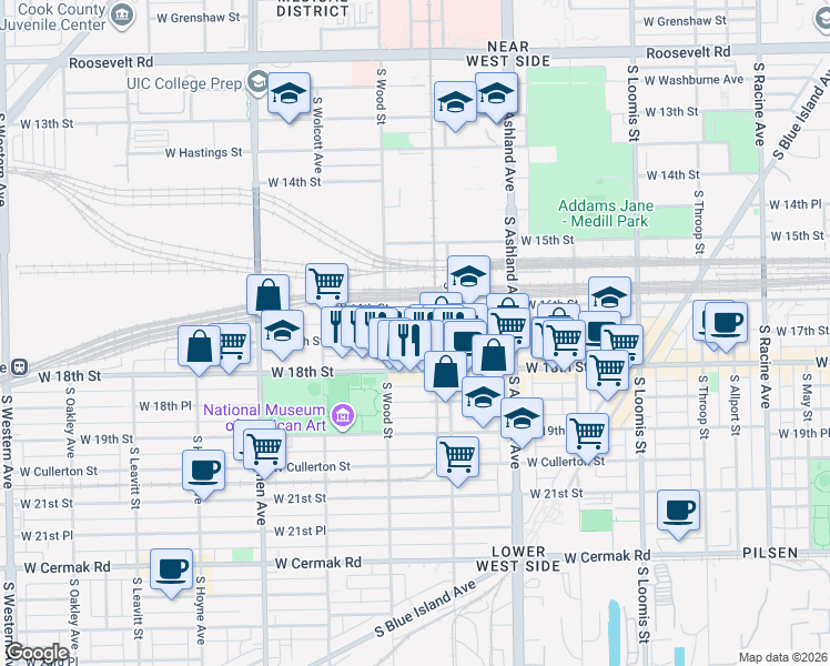 map of restaurants, bars, coffee shops, grocery stores, and more near 1732 West 17th Street in Chicago