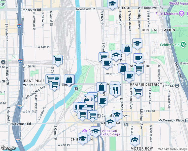 map of restaurants, bars, coffee shops, grocery stores, and more near 1700 South Wentworth Avenue in Chicago