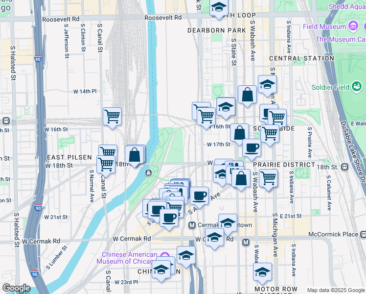 map of restaurants, bars, coffee shops, grocery stores, and more near 1700 South Wentworth Avenue in Chicago