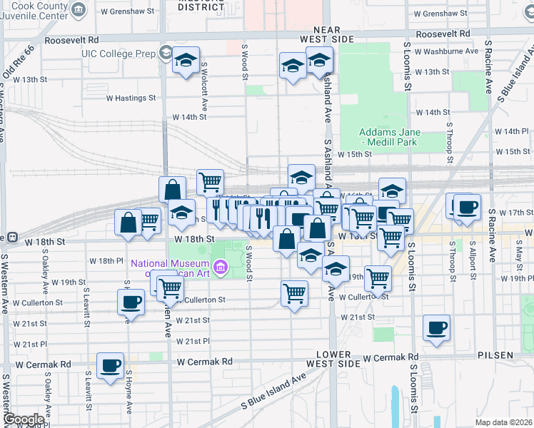 map of restaurants, bars, coffee shops, grocery stores, and more near 1748 West 17th Street in Chicago