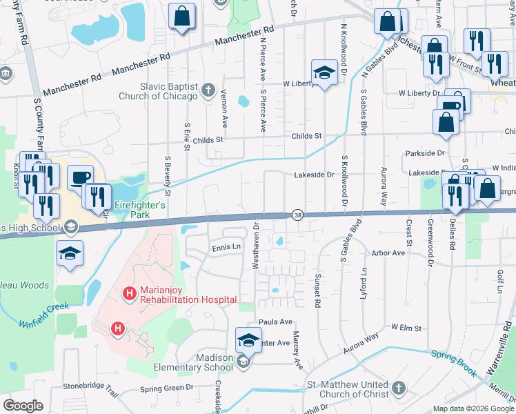 map of restaurants, bars, coffee shops, grocery stores, and more near 615 Polo Drive in Wheaton