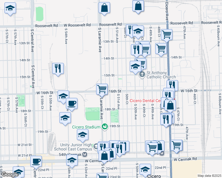 map of restaurants, bars, coffee shops, grocery stores, and more near 5120 West 16th Street in Cicero