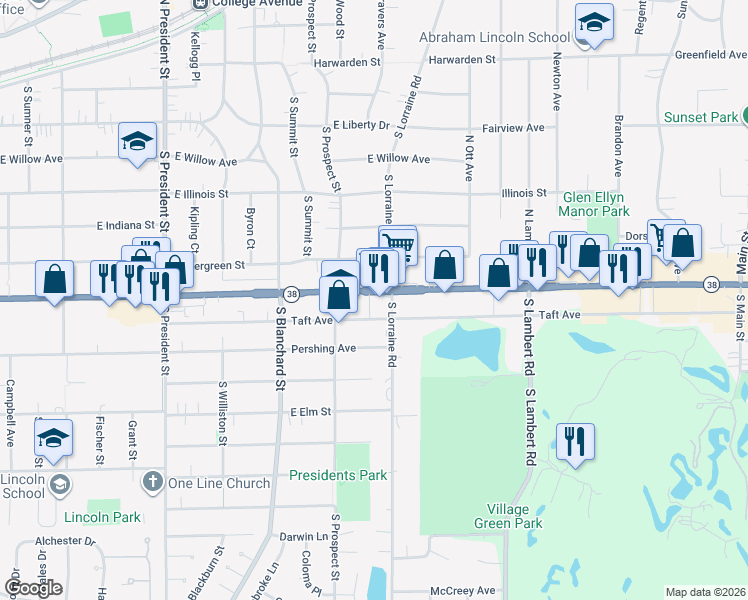 map of restaurants, bars, coffee shops, grocery stores, and more near 1706 Roosevelt Road in Wheaton