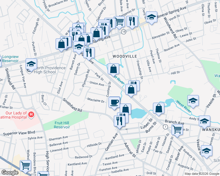 map of restaurants, bars, coffee shops, grocery stores, and more near 18 Cushing Street in North Providence