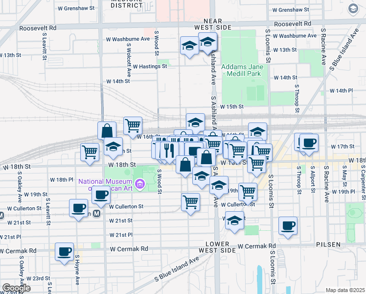 map of restaurants, bars, coffee shops, grocery stores, and more near 1706 West 17th Street in Chicago