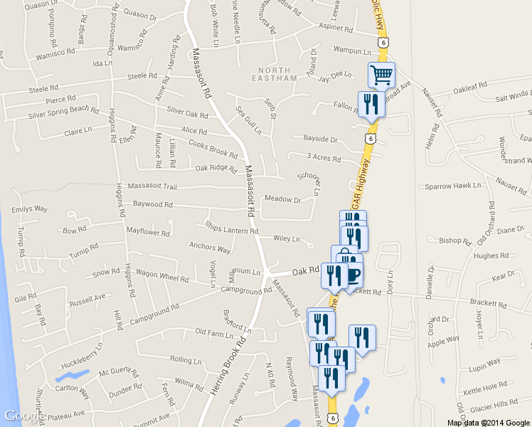 map of restaurants, bars, coffee shops, grocery stores, and more near 25 Meadow Dr in Eastham