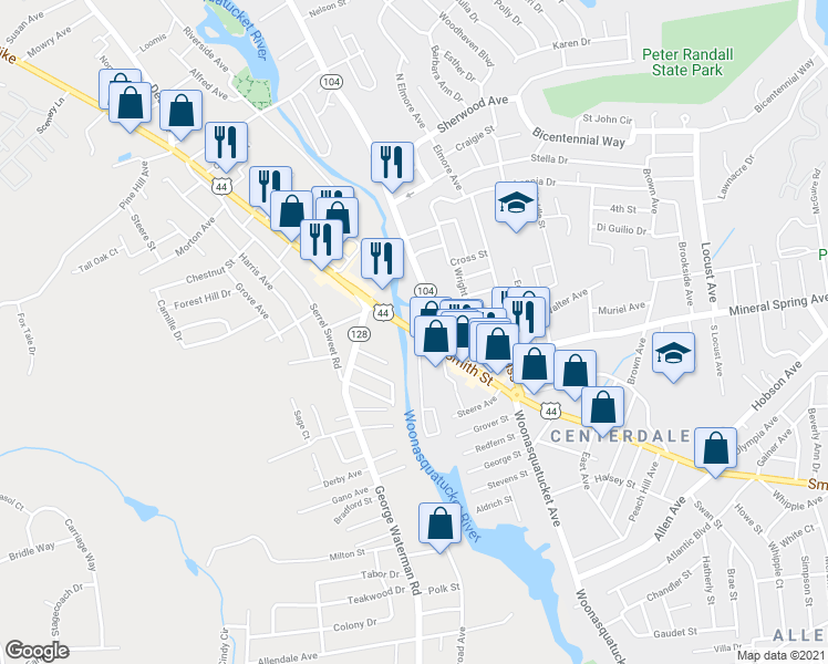 map of restaurants, bars, coffee shops, grocery stores, and more near 2121 Smith Street in North Providence