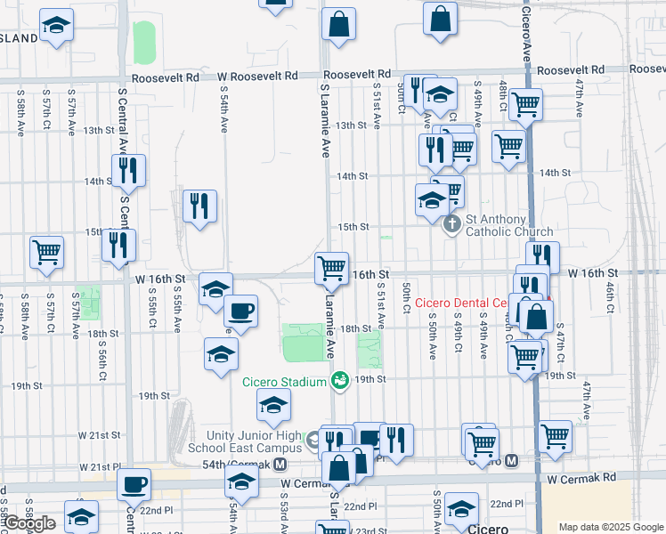 map of restaurants, bars, coffee shops, grocery stores, and more near 1543 South Laramie Avenue in Cicero