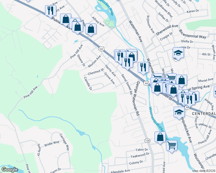 map of restaurants, bars, coffee shops, grocery stores, and more near 24 Buchanan Street in Johnston
