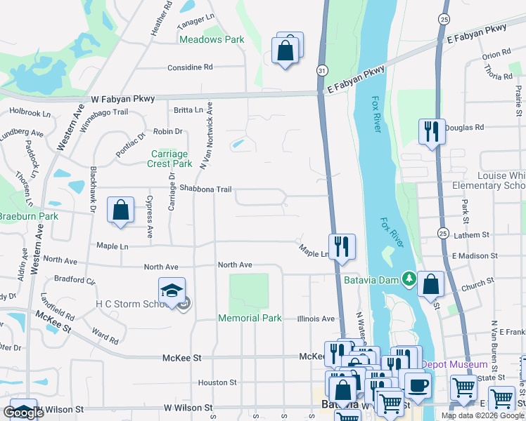map of restaurants, bars, coffee shops, grocery stores, and more near 512 Waubonsee Trail in Batavia