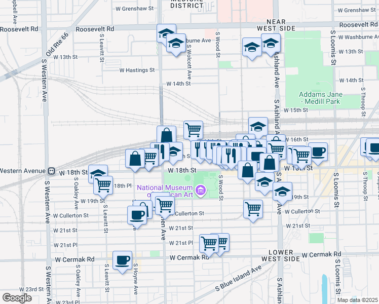 map of restaurants, bars, coffee shops, grocery stores, and more near 1858 West 17th Street in Chicago