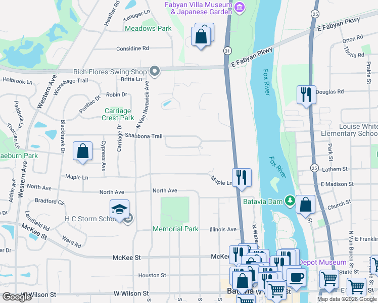 map of restaurants, bars, coffee shops, grocery stores, and more near 512 Waubonsee Trail in Batavia