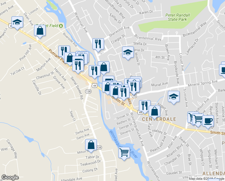 map of restaurants, bars, coffee shops, grocery stores, and more near 21 Waterman Avenue in North Providence