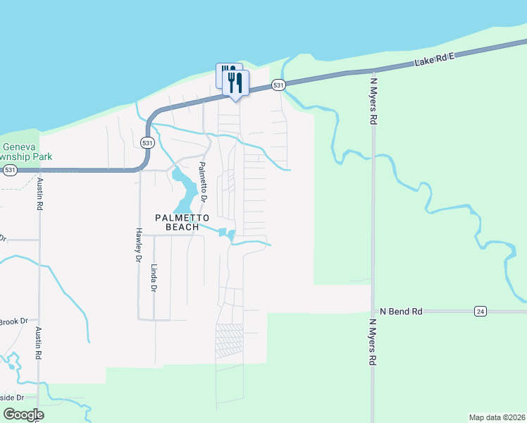 map of restaurants, bars, coffee shops, grocery stores, and more near Apache Drive in Geneva-on-the-Lake