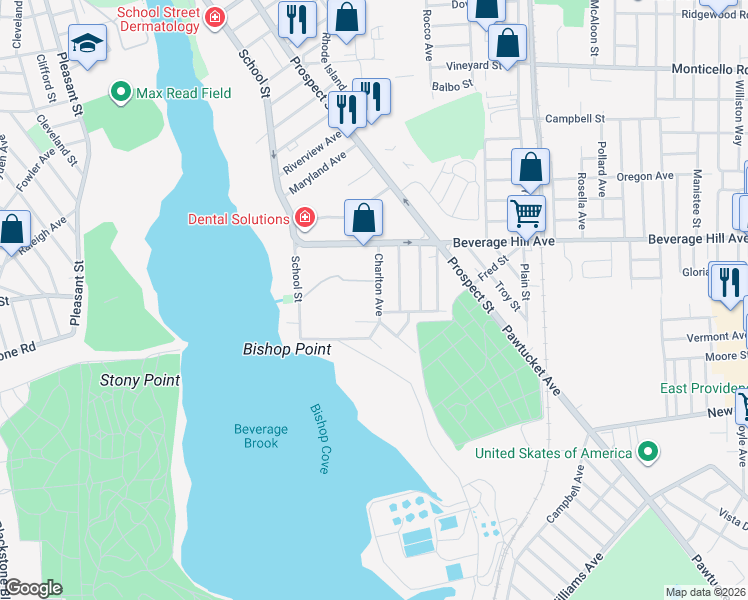 map of restaurants, bars, coffee shops, grocery stores, and more near 67 Charlton Avenue in Pawtucket