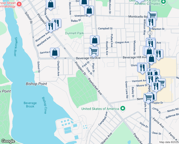 map of restaurants, bars, coffee shops, grocery stores, and more near 99 Dodge Street in Pawtucket