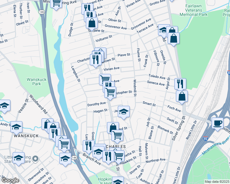 map of restaurants, bars, coffee shops, grocery stores, and more near 95 Raphael Avenue in Providence