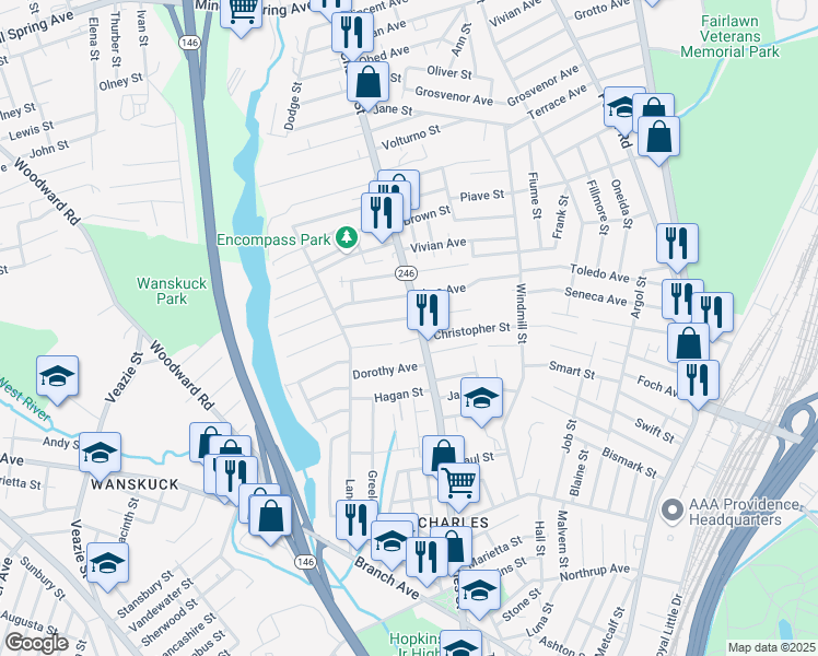 map of restaurants, bars, coffee shops, grocery stores, and more near 61 Raphael Avenue in Providence