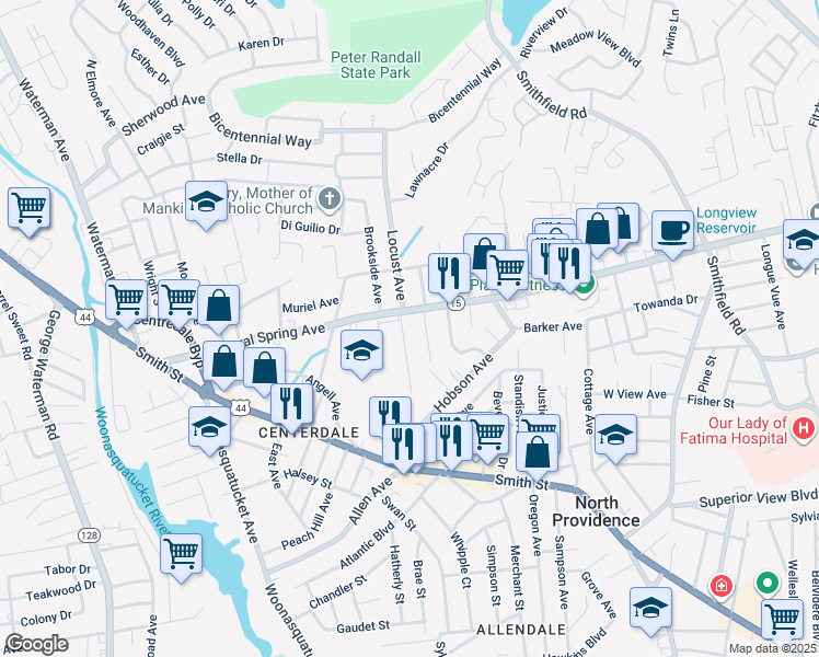 map of restaurants, bars, coffee shops, grocery stores, and more near 10 South Locust Avenue in North Providence