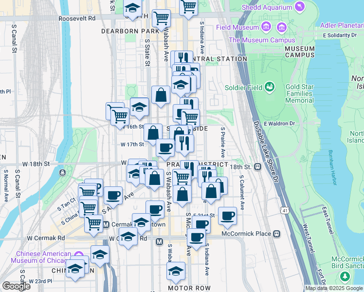 map of restaurants, bars, coffee shops, grocery stores, and more near 1700 Michigan Avenue in Chicago