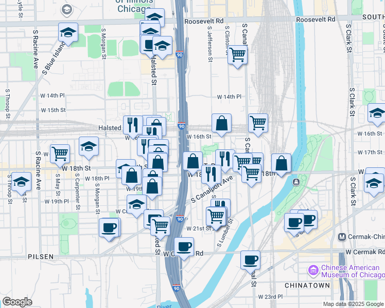 map of restaurants, bars, coffee shops, grocery stores, and more near 1701 South Ruble Street in Chicago