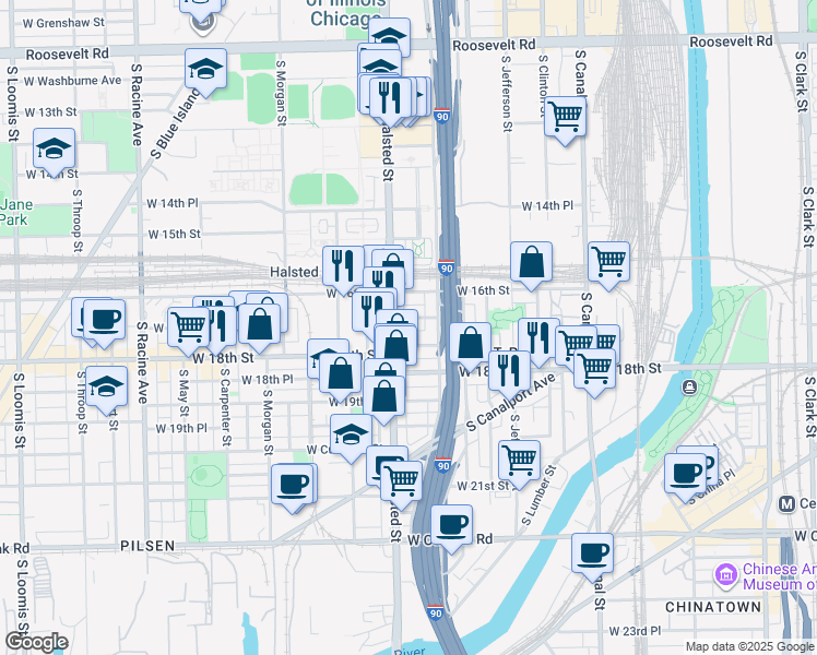 map of restaurants, bars, coffee shops, grocery stores, and more near 1703 South Halsted Street in Chicago