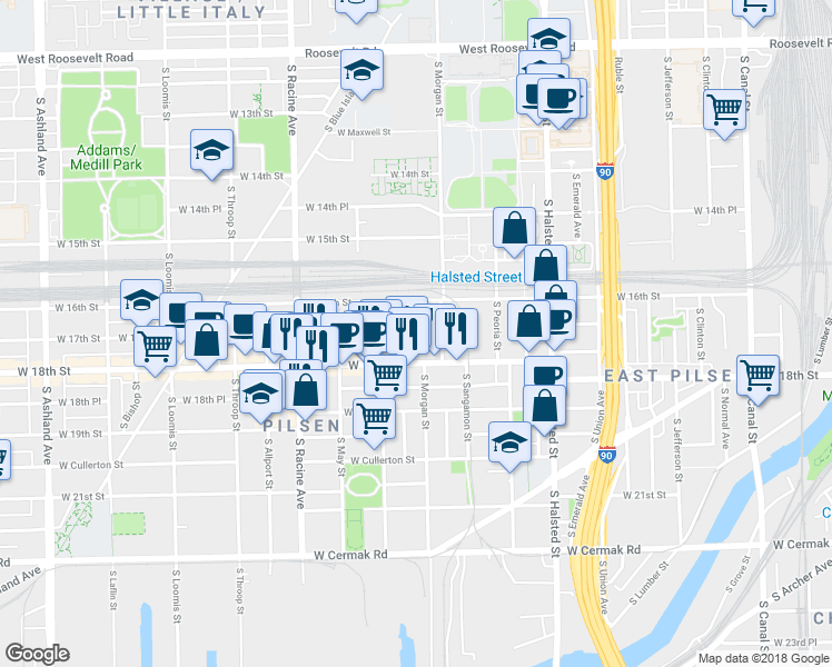 map of restaurants, bars, coffee shops, grocery stores, and more near in Chicago