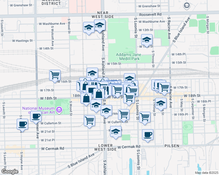 map of restaurants, bars, coffee shops, grocery stores, and more near 1625 South Ashland Avenue in Chicago