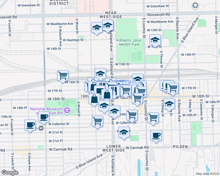 map of restaurants, bars, coffee shops, grocery stores, and more near 1625 South Ashland Avenue in Chicago