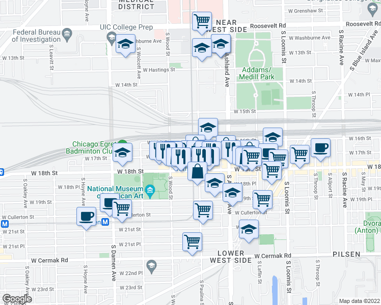 map of restaurants, bars, coffee shops, grocery stores, and more near 1706 West 17th Street in Chicago