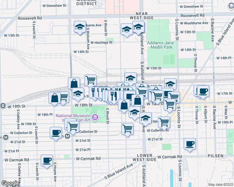 map of restaurants, bars, coffee shops, grocery stores, and more near 1748 West 17th Street in Chicago