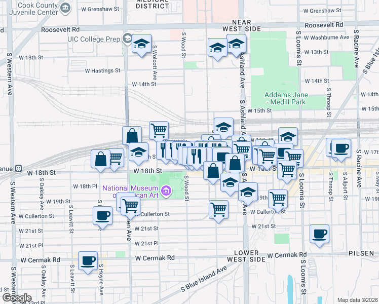 map of restaurants, bars, coffee shops, grocery stores, and more near 1748 West 17th Street in Chicago
