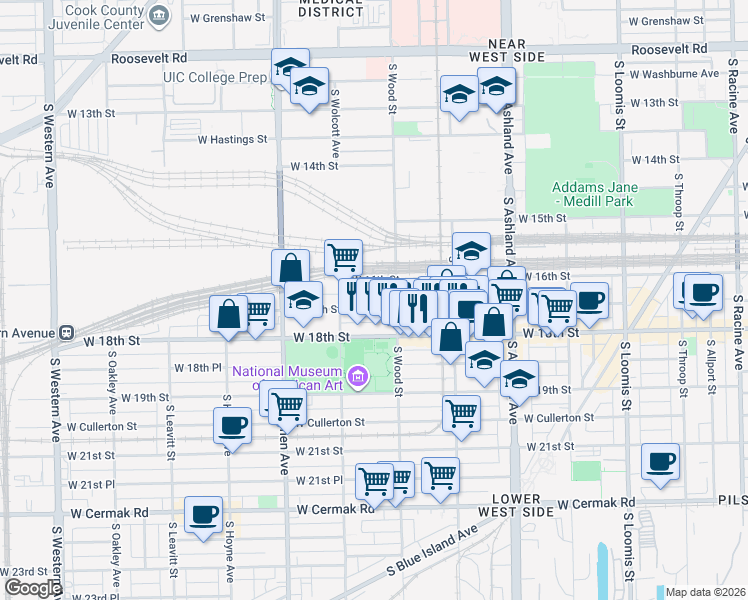 map of restaurants, bars, coffee shops, grocery stores, and more near 1822 West 17th Street in Chicago