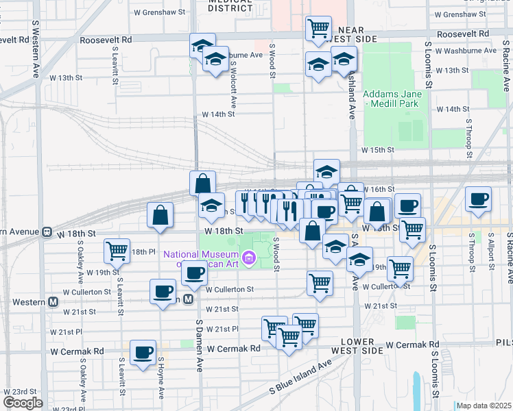 map of restaurants, bars, coffee shops, grocery stores, and more near 1822 West 17th Street in Chicago