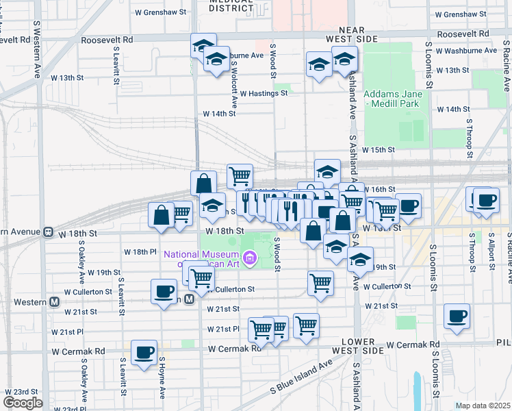 map of restaurants, bars, coffee shops, grocery stores, and more near 1822 West 17th Street in Chicago