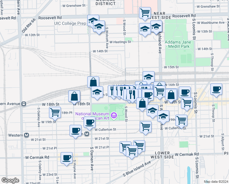 map of restaurants, bars, coffee shops, grocery stores, and more near 1822 West 17th Street in Chicago