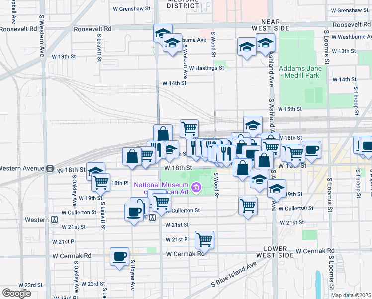 map of restaurants, bars, coffee shops, grocery stores, and more near 1858 West 17th Street in Chicago