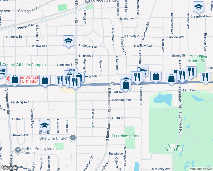 map of restaurants, bars, coffee shops, grocery stores, and more near 1312 Roosevelt Road in Wheaton