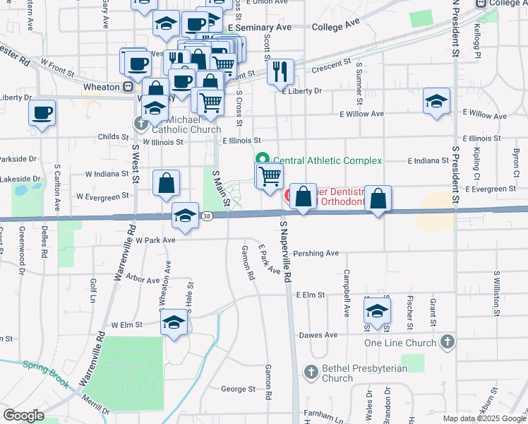 map of restaurants, bars, coffee shops, grocery stores, and more near 171 East Roosevelt Road in Wheaton