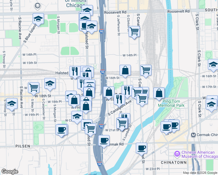 map of restaurants, bars, coffee shops, grocery stores, and more near 1701 South Ruble Street in Chicago