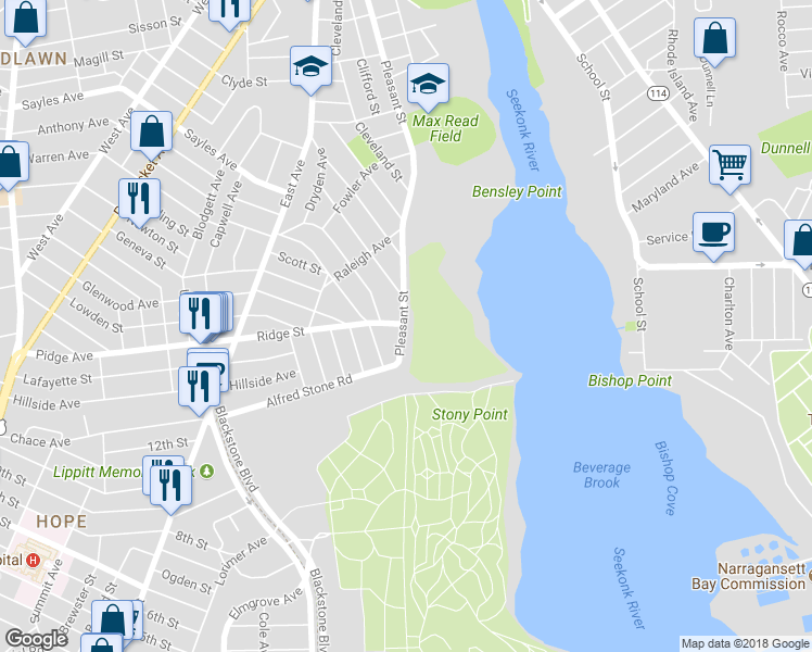 map of restaurants, bars, coffee shops, grocery stores, and more near 724 Pleasant Street in Pawtucket