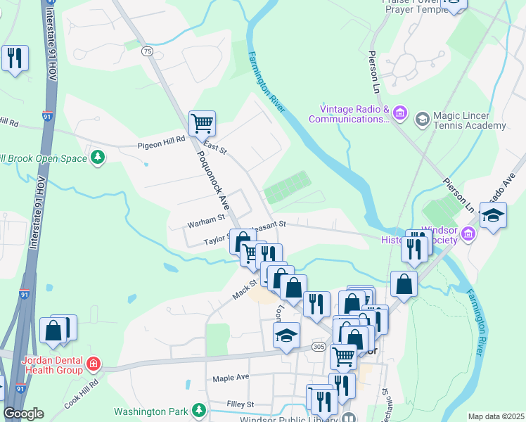 map of restaurants, bars, coffee shops, grocery stores, and more near 89 East Street in Windsor