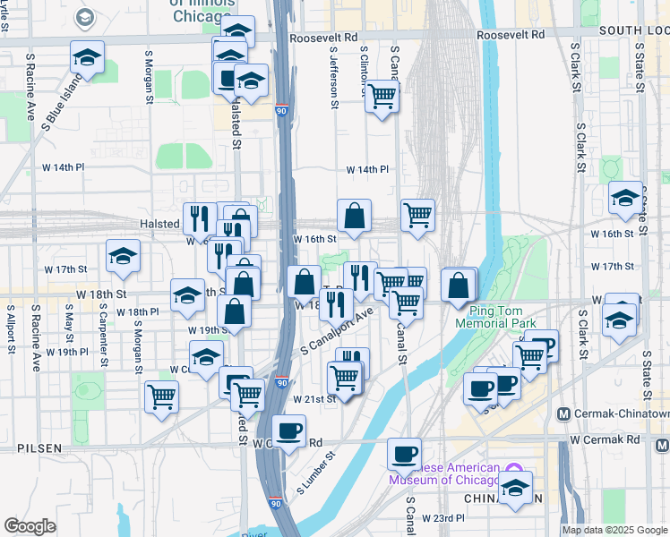 map of restaurants, bars, coffee shops, grocery stores, and more near 1632 South Jefferson Street in Chicago