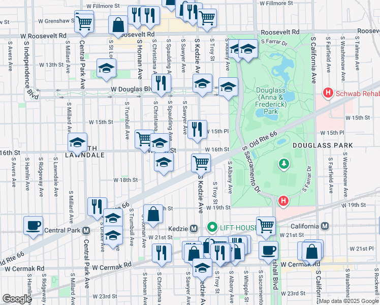 map of restaurants, bars, coffee shops, grocery stores, and more near 1601 South Sawyer Avenue in Chicago
