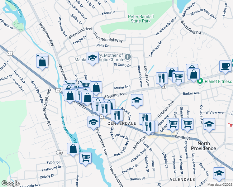 map of restaurants, bars, coffee shops, grocery stores, and more near 2159 Mineral Spring Avenue in North Providence