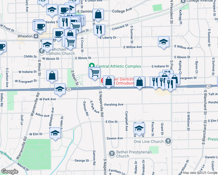 map of restaurants, bars, coffee shops, grocery stores, and more near 351 East Roosevelt Road in Wheaton