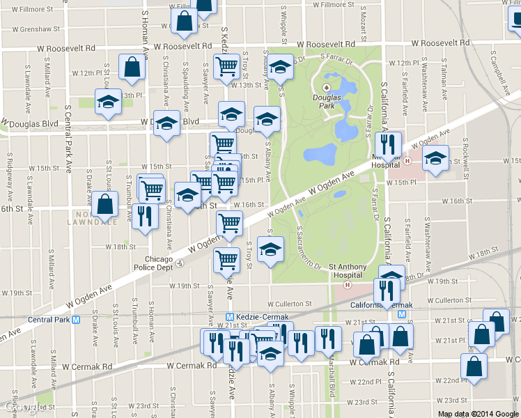 map of restaurants, bars, coffee shops, grocery stores, and more near 3100 W Ogden Ave in Chicago