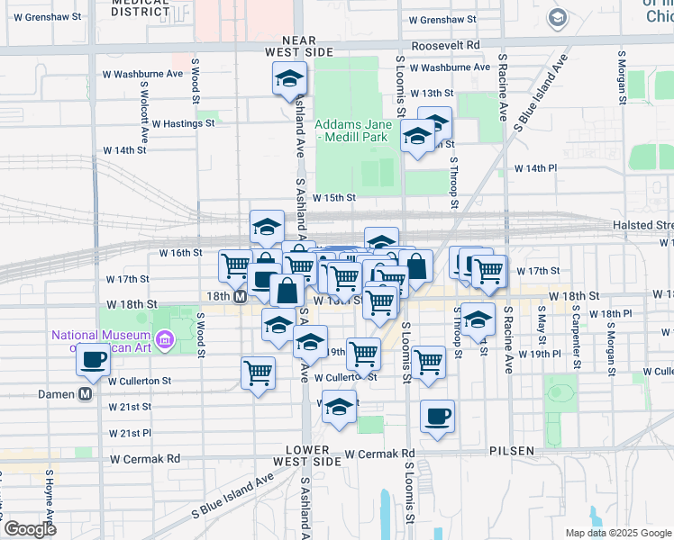 map of restaurants, bars, coffee shops, grocery stores, and more near 1518 West 17th Street in Chicago