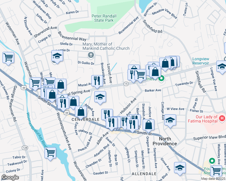 map of restaurants, bars, coffee shops, grocery stores, and more near 10 S Locust Ave in North Providence
