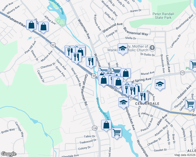 map of restaurants, bars, coffee shops, grocery stores, and more near 2911 Smith Street in North Providence
